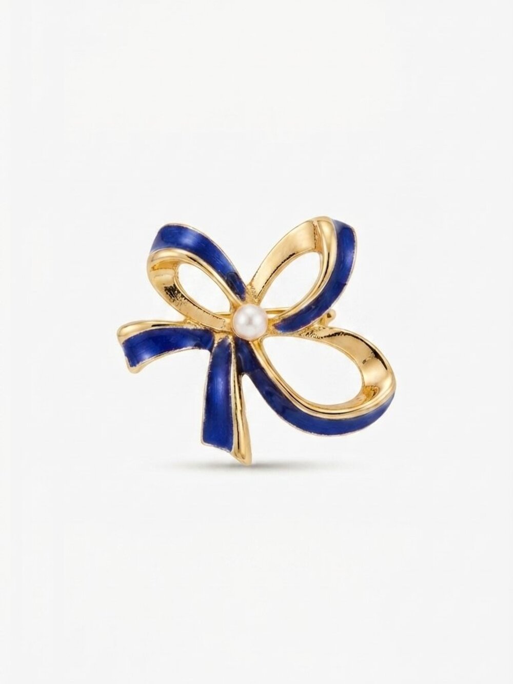 Vintage Gold-Tone Blue Enamel Bow Brooch | Retro Ribbon Lapel Pin with Faux Pear